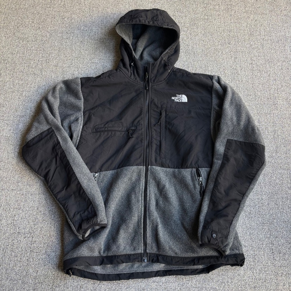 The North Face Jacket Mens M Denali Hooded Black Grey Fleece Nylon Gorpcore